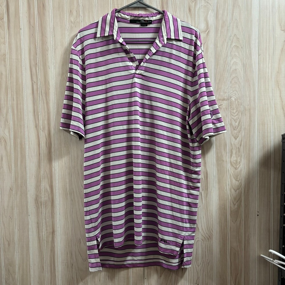 RLX Ralph Lauren Mens‎ Striped Golf Polo Shirt Purple White Performance Size M